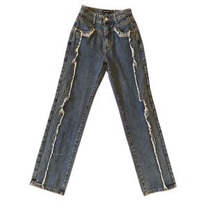 Pretty Little Thing Frayed Long Line Jeans Denim Fringe Boho Bohemian Hippie